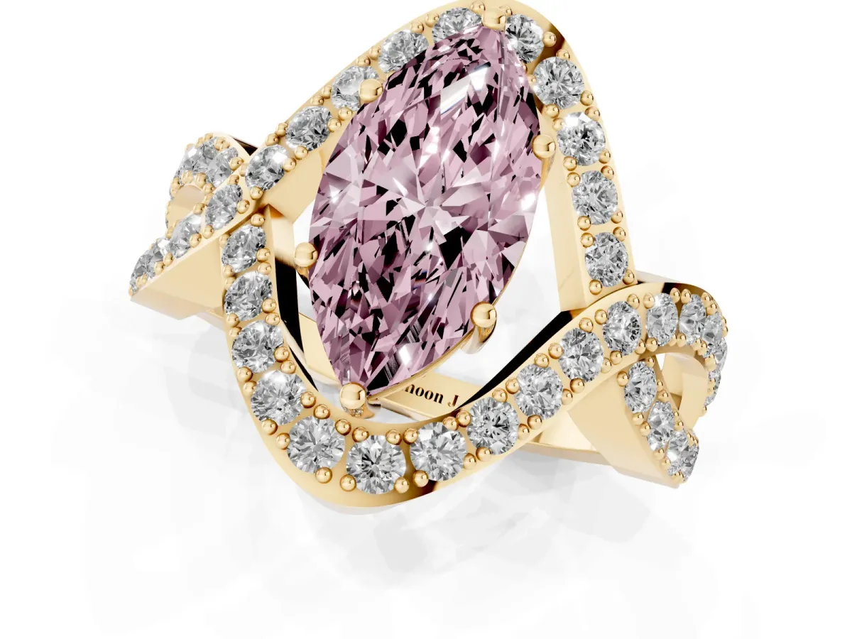 Fancy Pink Marquise Cut Solitaire Twist Band Pavé Diamond Engagement Ring Yellow gold