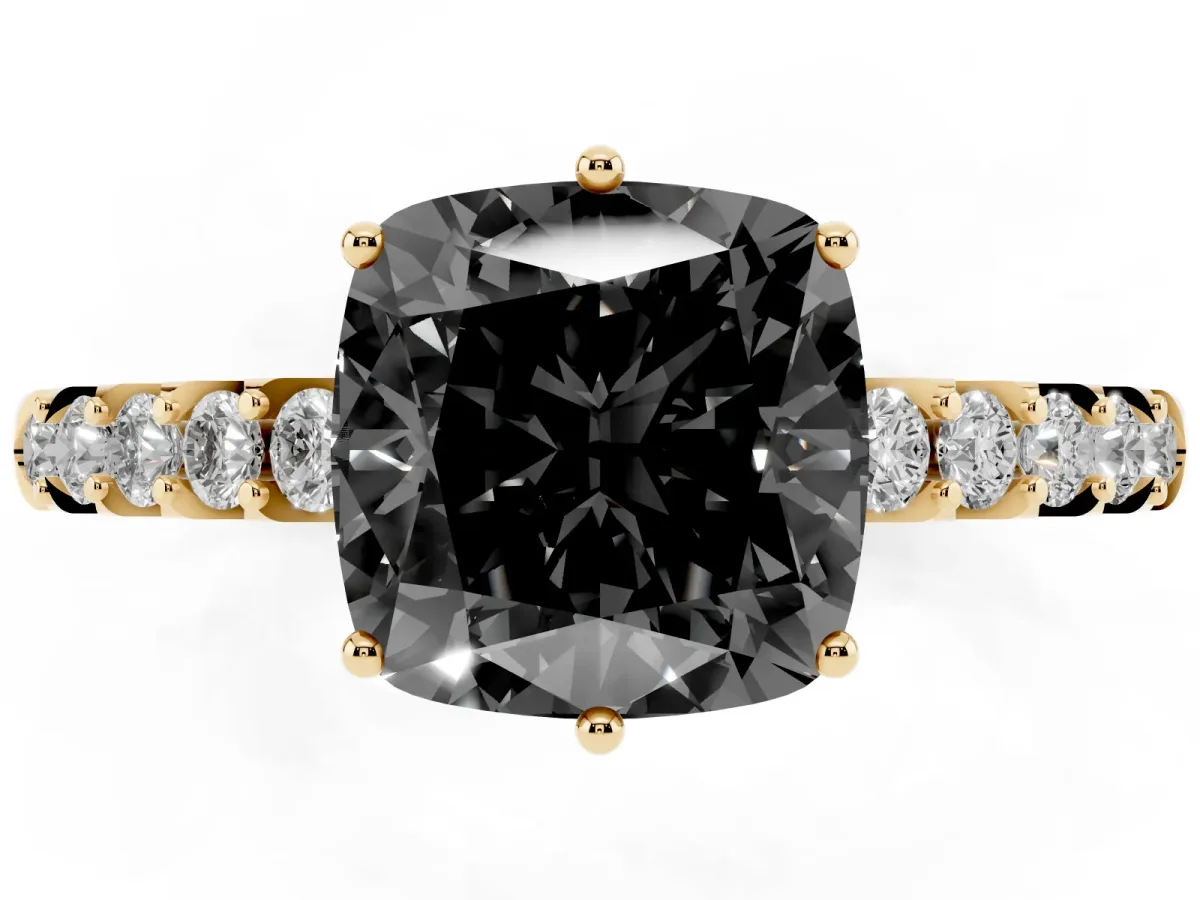Fancy Black Cushion Cut Solitaire Diamond Engagement Ring with Pavé Band and Six-Prong Setting Yellow gold