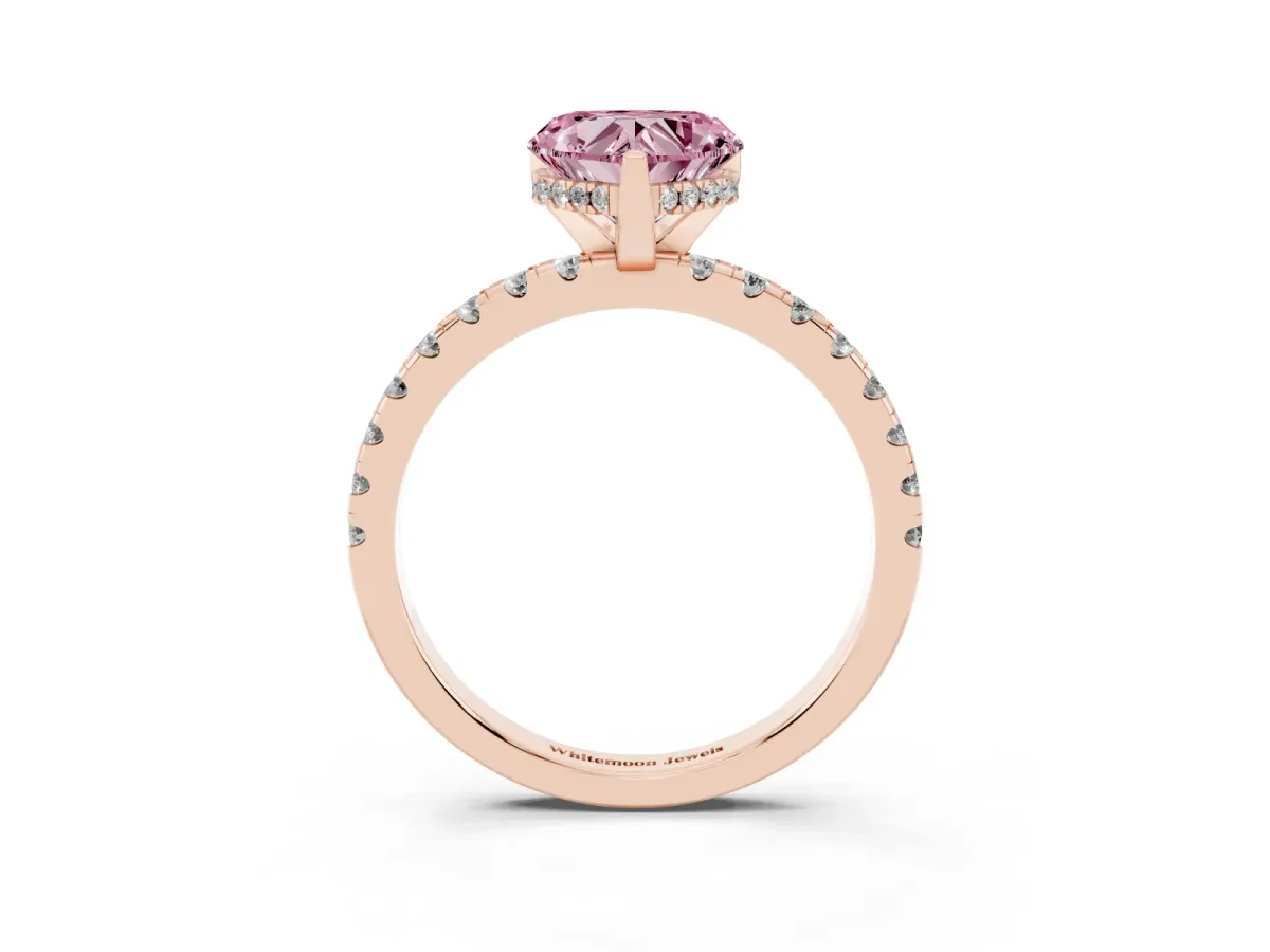 Fancy Pink Heart Cut Diamond Solitaire Ring with Round Pavé Band and Four-Prong Setting Rose gold