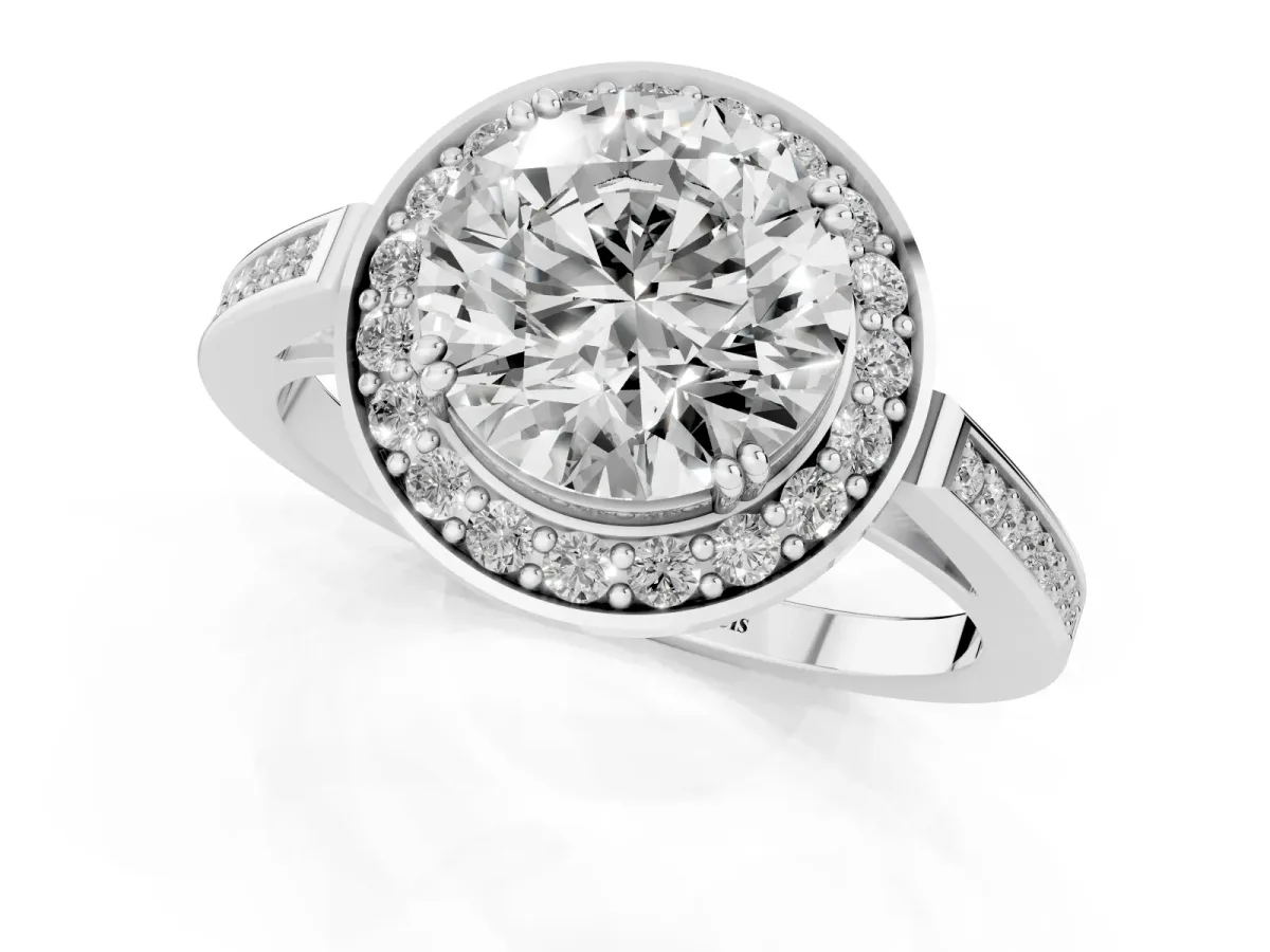 Round Cut Diamond Halo Ring with Split Shank and Four-Prong Setting Silver