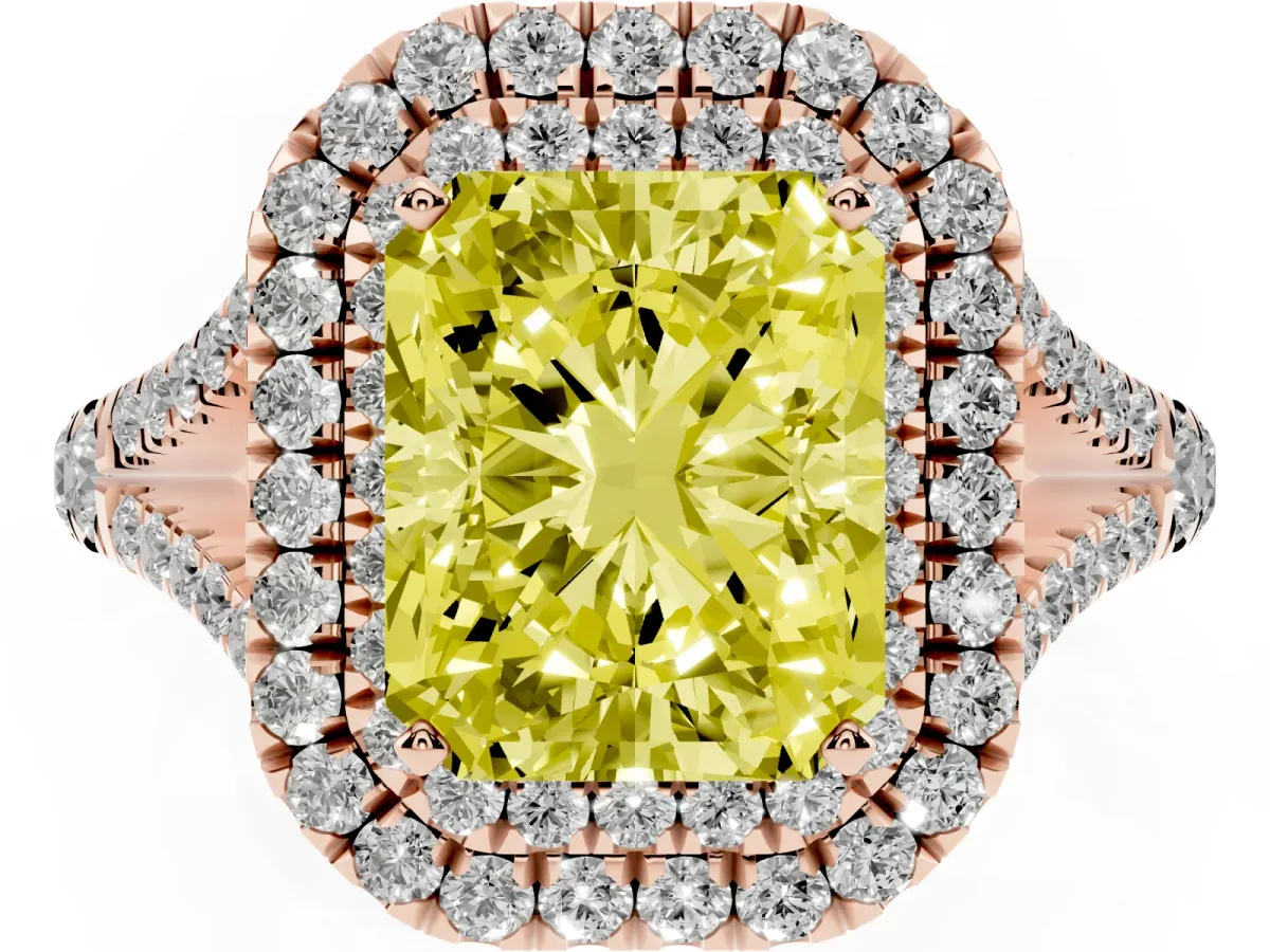Fancy Yellow Radiant Cut Cut Double Halo Split Shank Diamond Ring with Prong Setting Rose gold