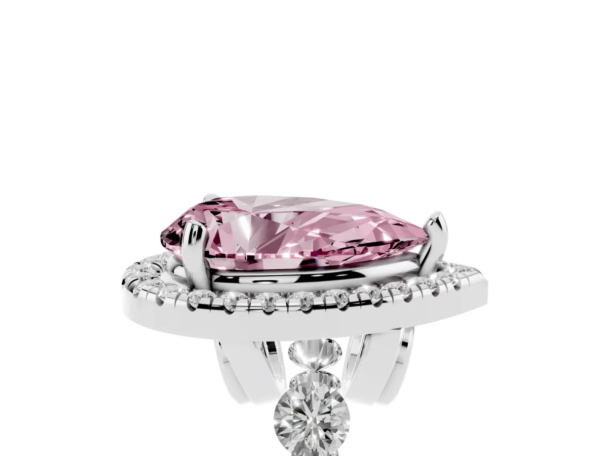 Fancy Pink Pear Cut Halo Pavé Diamond Engagement Ring with Four-Prong Setting Platinum