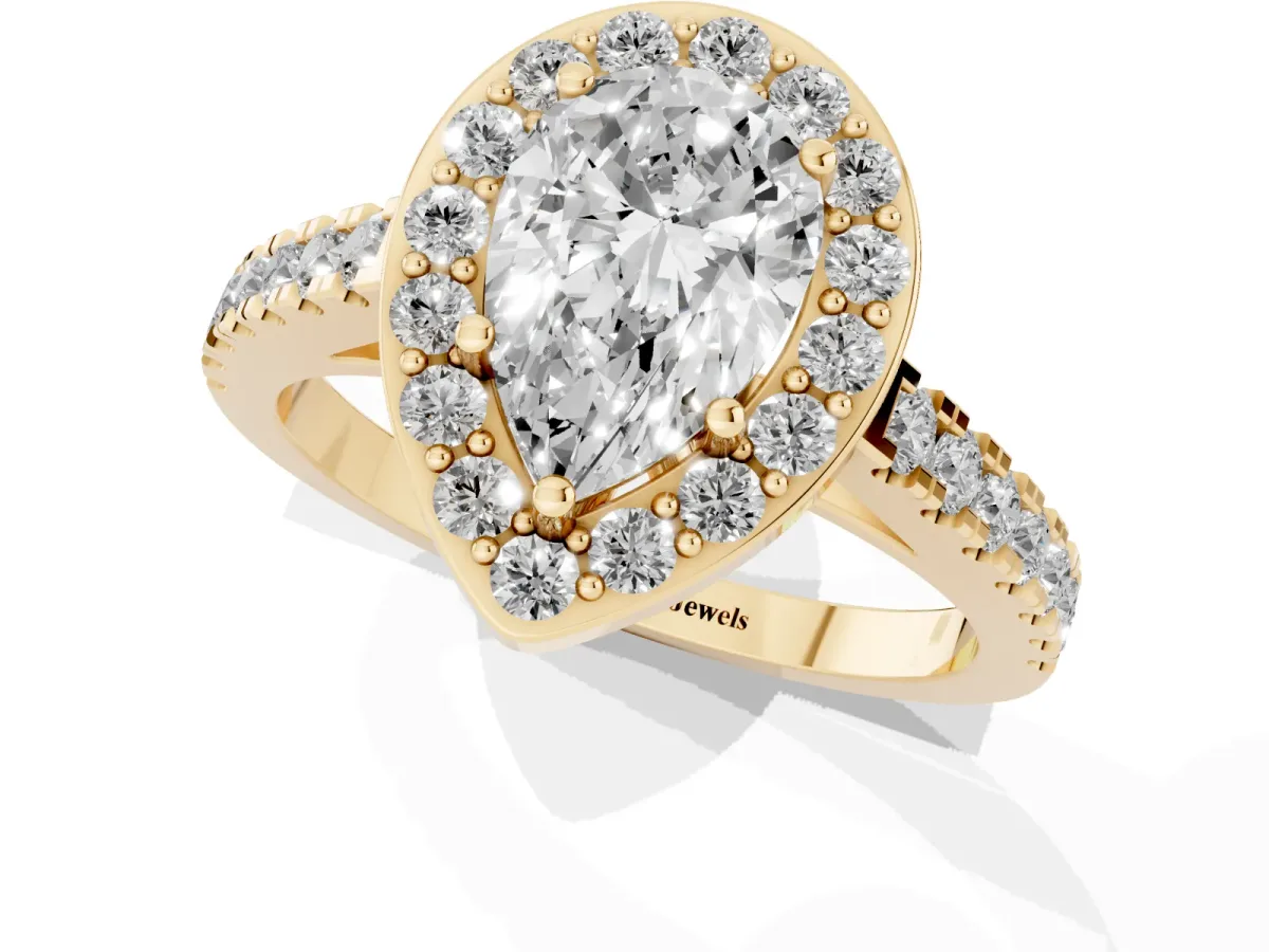 Pear Cut Diamond Halo Ring with Round Pavé Split Shank and Prong Setting Yellow gold