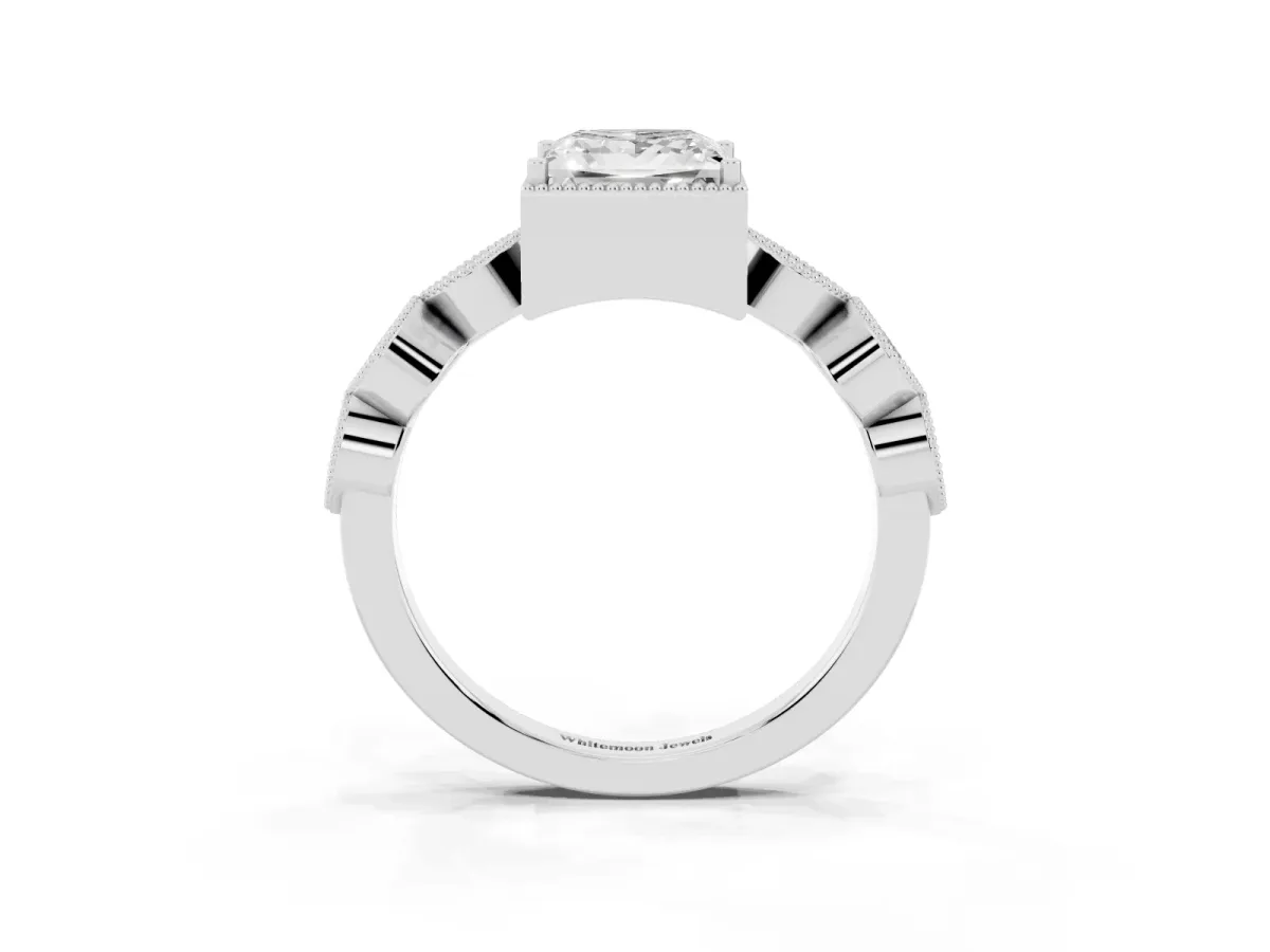 Princess Cut Diamond Vintage Milgrain Ring with Round Stations Silver