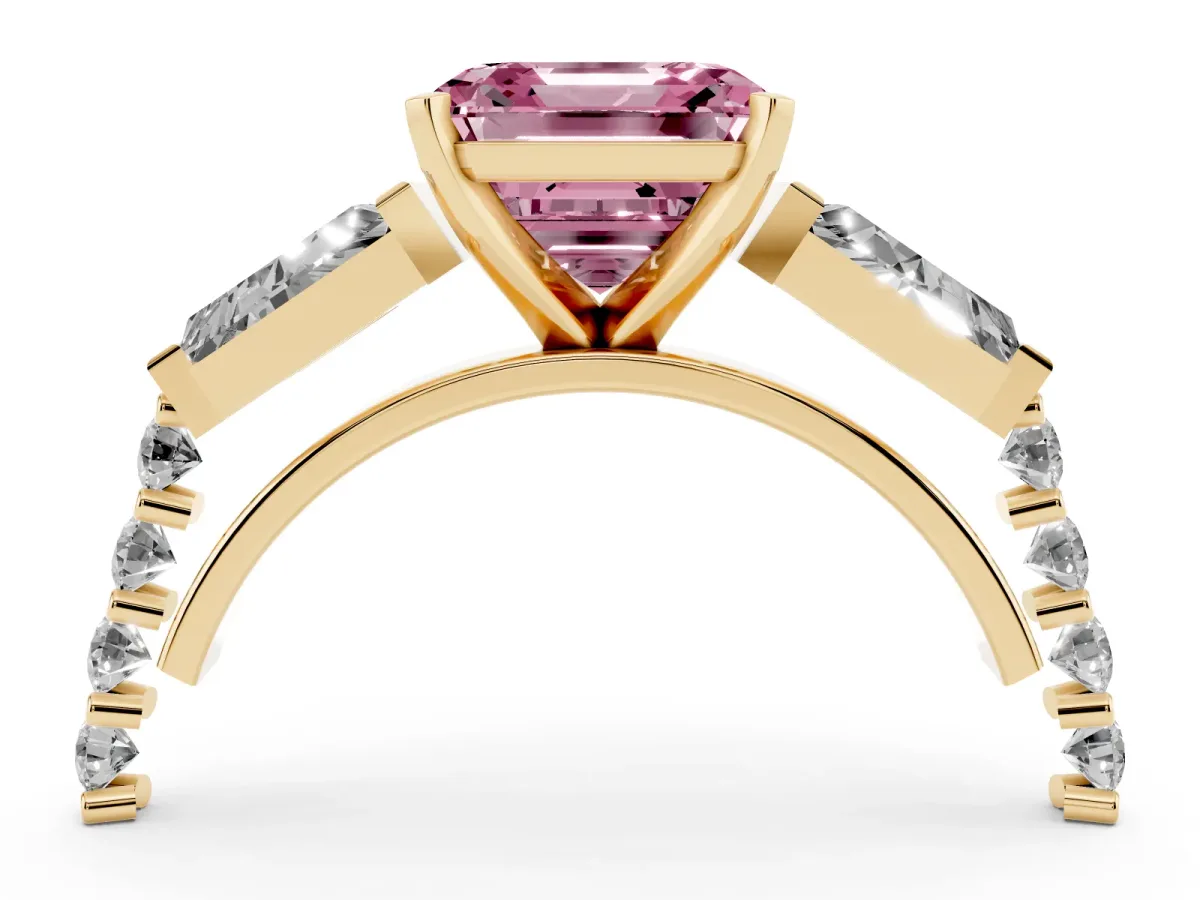 Fancy Pink Asscher Cut Diamond Engagement Ring with Baguette Side Stones and Channel Set Band Yellow gold