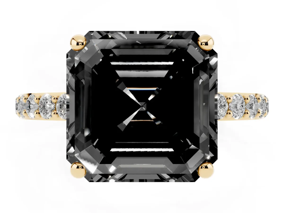Fancy Black Asscher Cut Diamond Solitaire Ring with Round Pavé Band and Prong Setting Yellow gold