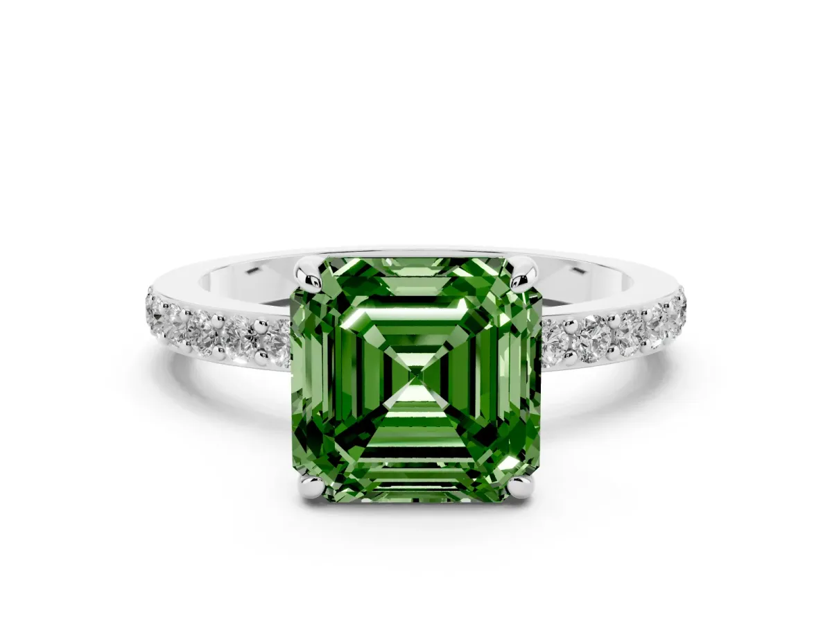 Fancy Green Asscher Cut Diamond Solitaire Engagement Ring with Pavé Band and Four-Prong Setting White gold