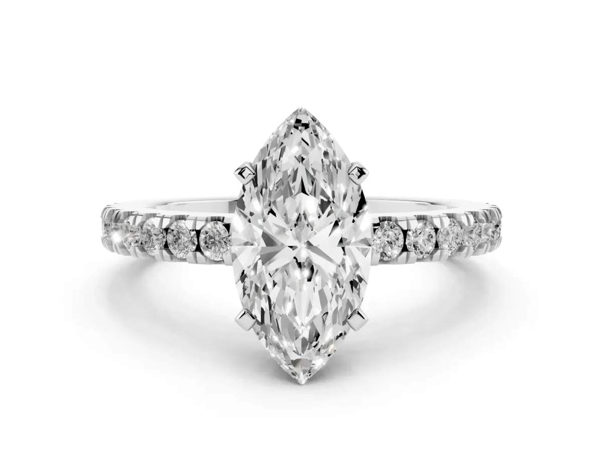 Marquise Cut Solitaire Diamond with Pavé Band and Four-Prong Setting Silver