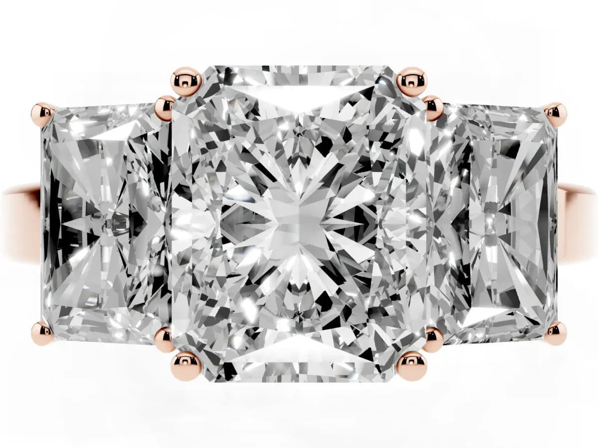 Three-Stone Radiant Cut Cut Diamond Engagement Ring with Flat Band and Four-Prong Setting Rose gold