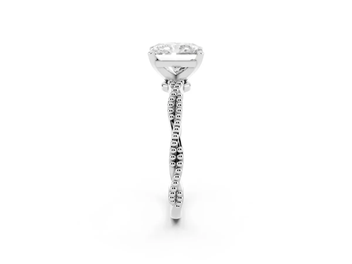 Radiant Cut Solitaire Twisted Band with Bead Prong Setting Platinum