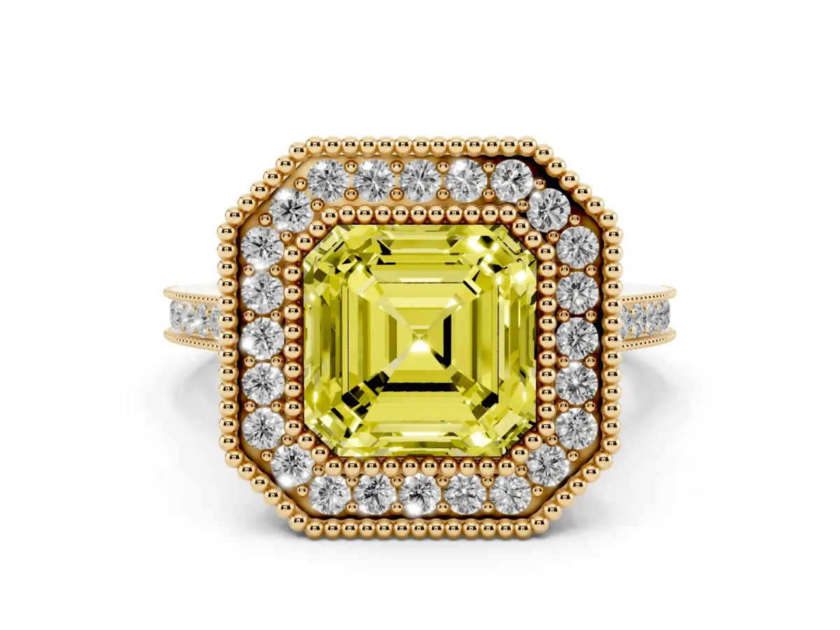 Fancy Yellow Asscher Cut Diamond Halo Ring with Milgrain Frame and Pavé Band Yellow gold