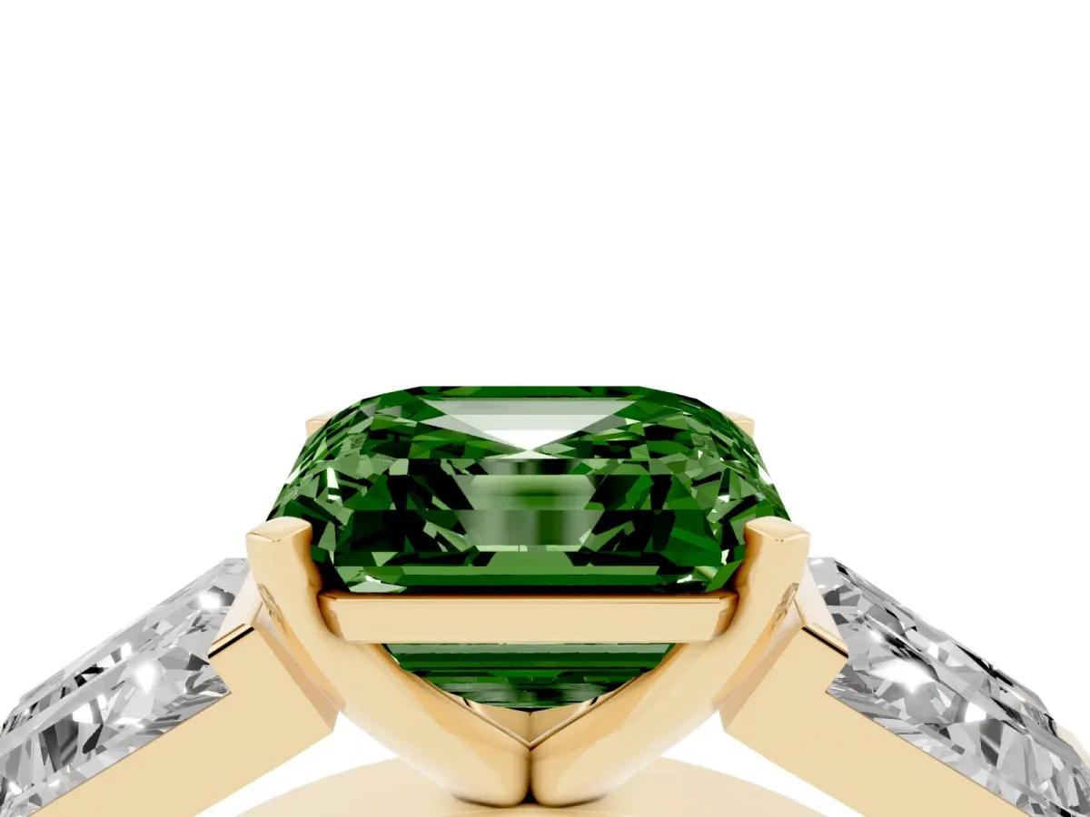 Fancy Green Asscher Cut Diamond Engagement Ring with Baguette Side Stones and Channel Set Band Yellow gold