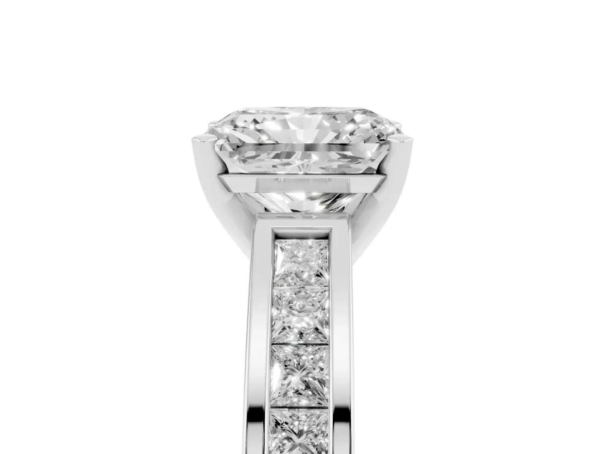 Radiant Cut Solitaire Diamond Ring with Channel-Set Band and Four-Prong Setting Platinum
