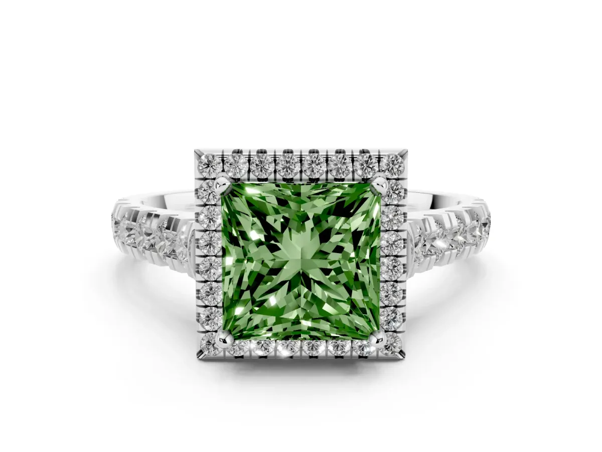 Fancy Green Princess Cut Halo Pavé Diamond Engagement Ring with Four-Prong Setting Platinum