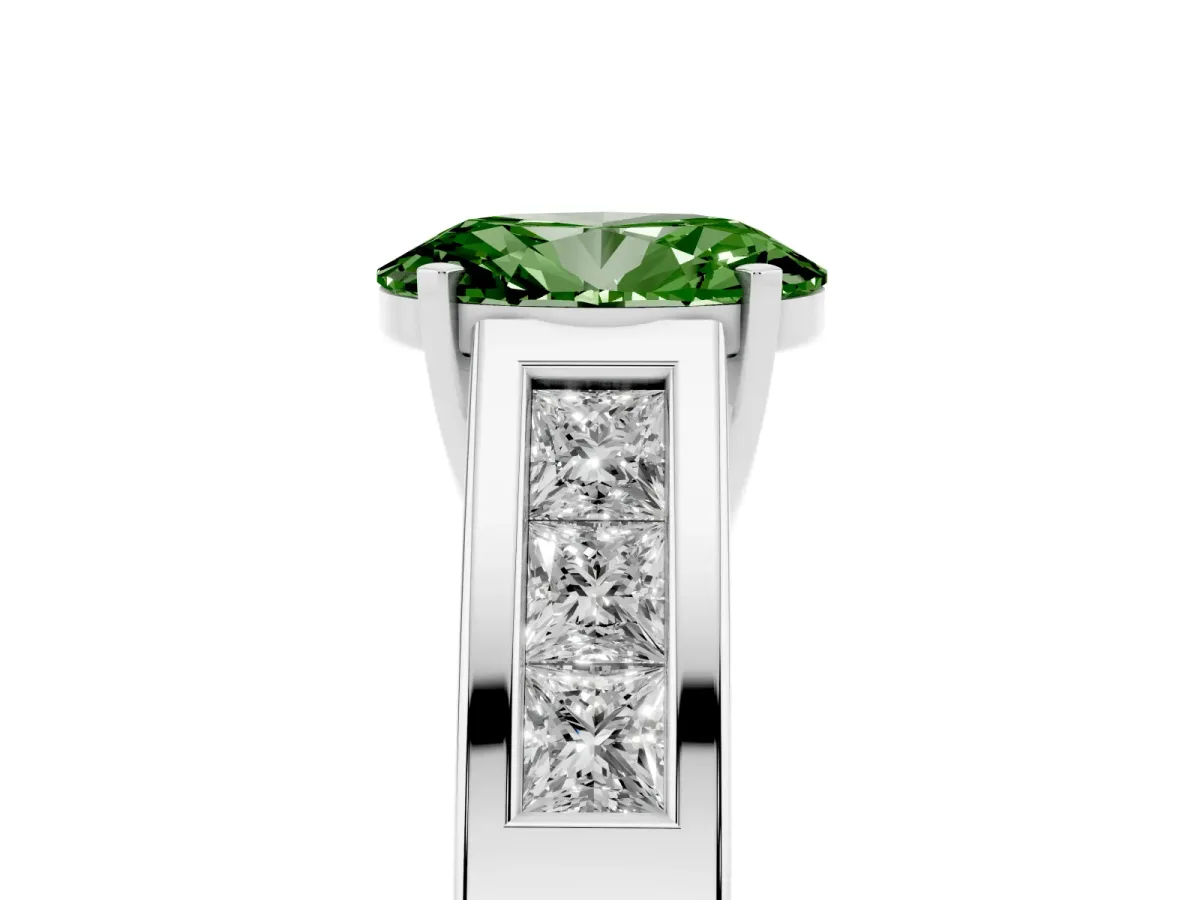 Fancy Green Oval Cut Cut Channel Set Solitaire Ring with Four-Prong Setting Silver