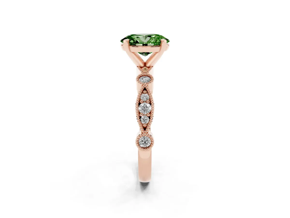 Fancy Green Oval Cut Milgrain Bezel Diamond Engagement Ring with Solitaire Prong Setting Rose gold