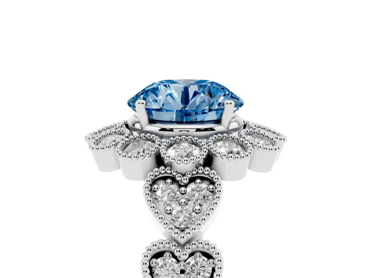 Fancy Blue Round Cut Brilliant Milgrain Pave Heart Band Solitaire Ring Silver