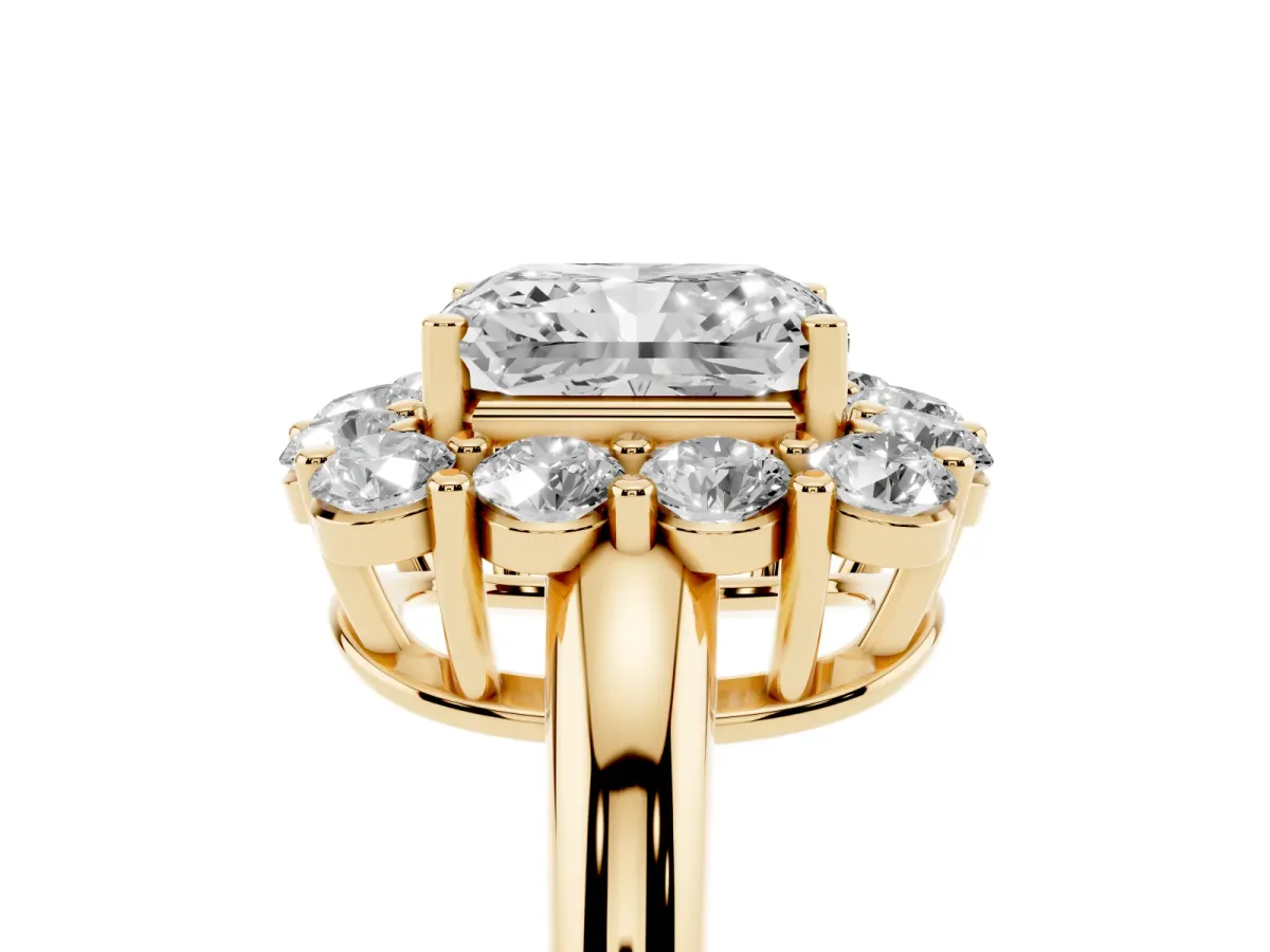 Radiant Cut Halo Cluster Diamond Engagement Ring with Prong Setting and Polished Band Yellow gold
