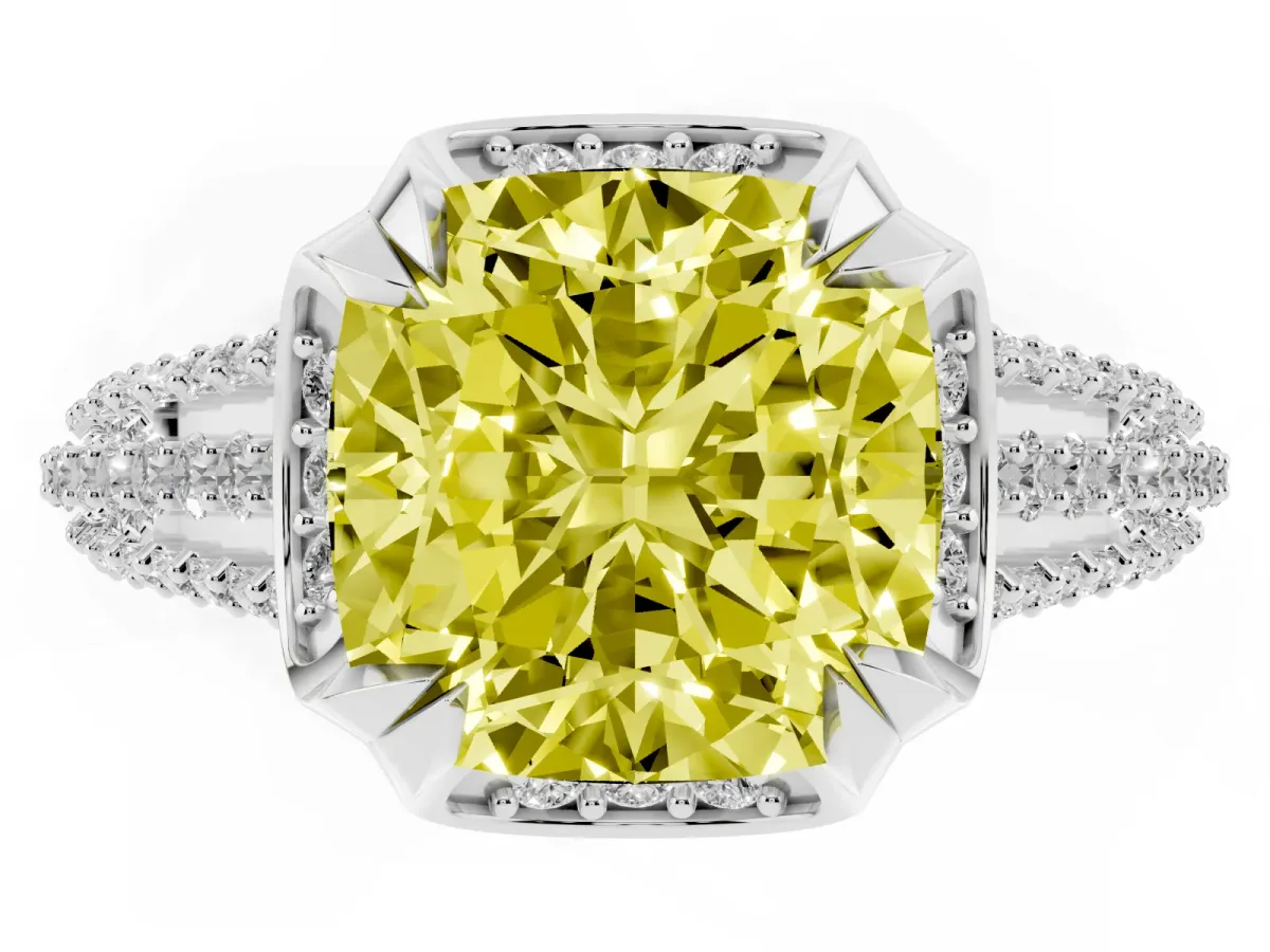 Fancy Yellow Cushion Cut Solitaire Pave Split Shank Ring with Four-Prong Setting Silver