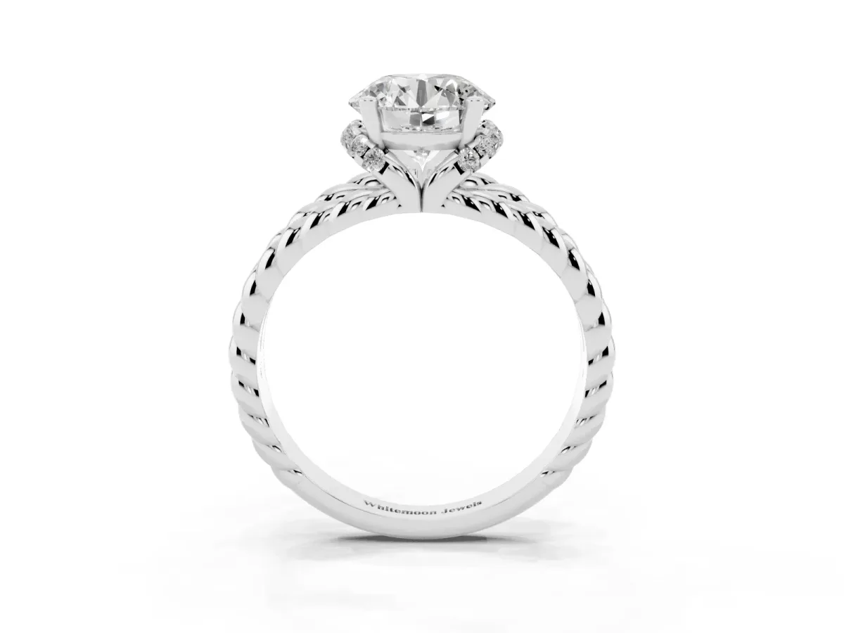 Round Cut Halo Twisted Band Four-Prong Ring Silver
