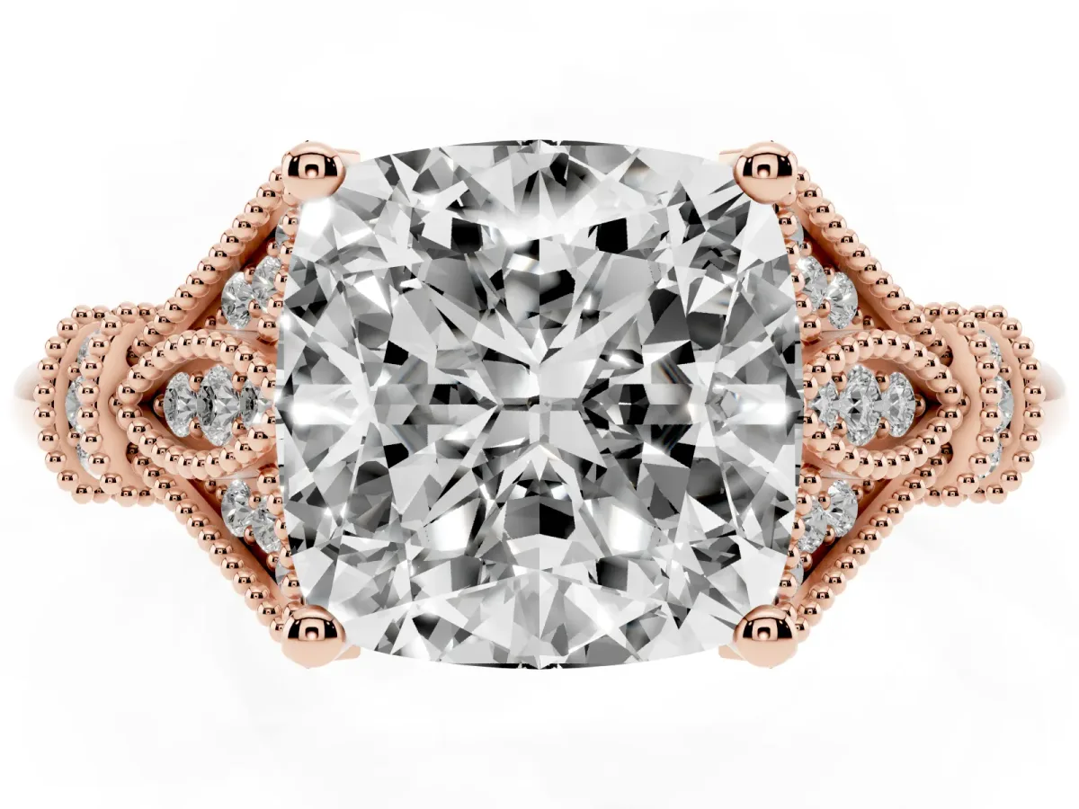 Cushion Cut Diamond Solitaire Ring with Floral Filigree and Pave Accents Rose gold