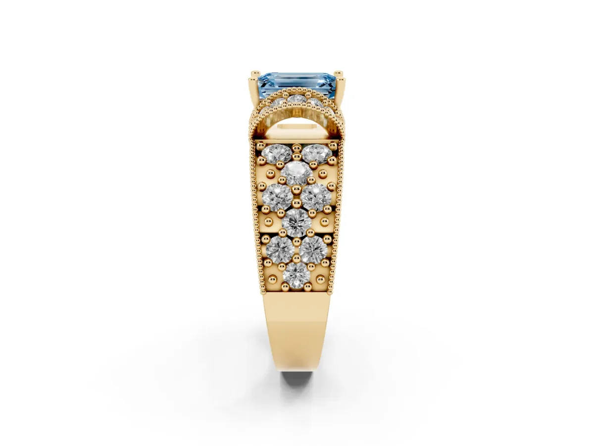 Fancy Blue Emerald Cut Halo Pave Diamond Engagement Ring with Milgrain Detailing Yellow gold
