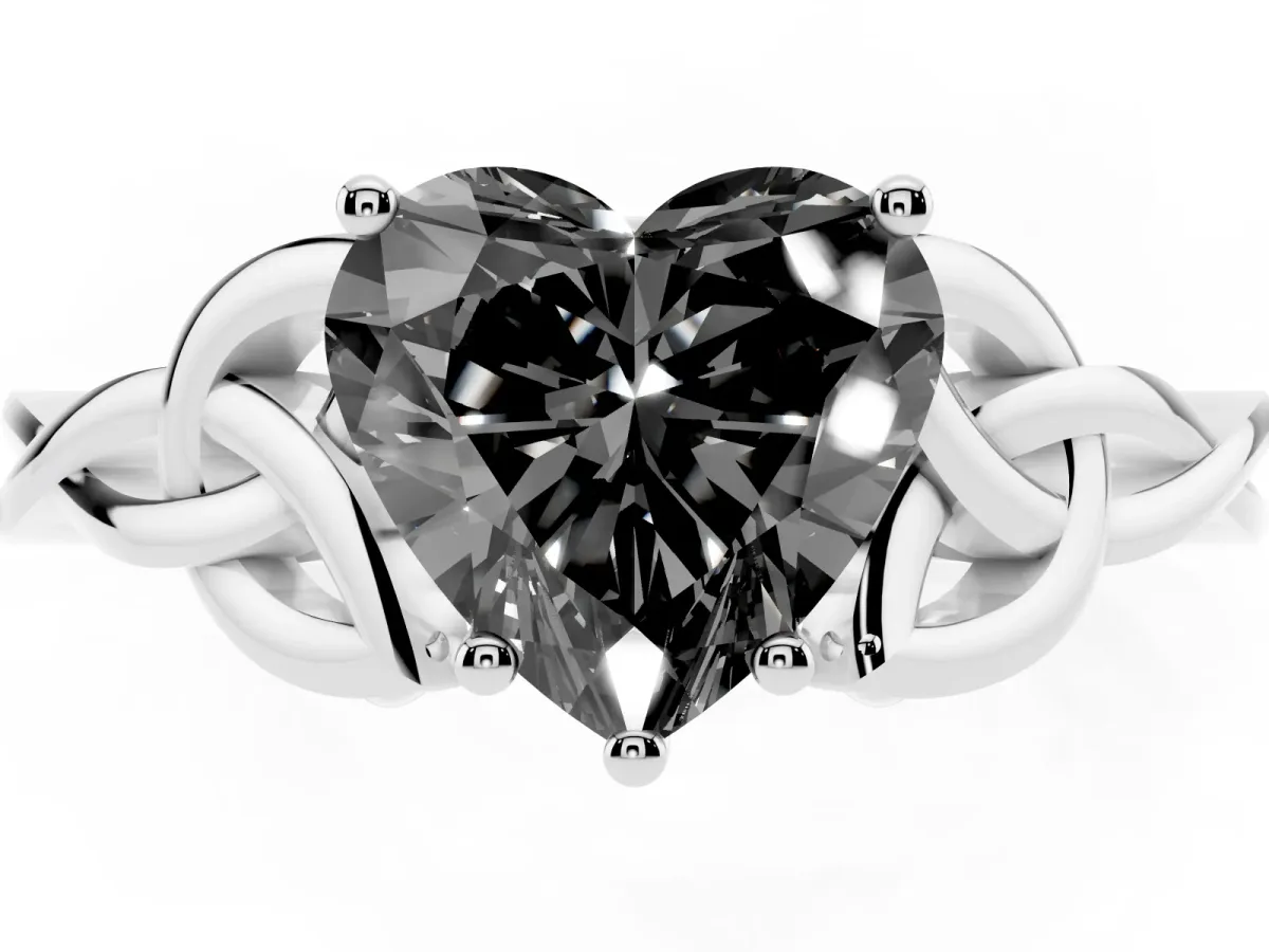 Fancy Black Heart Cut Diamond Solitaire Engagement Ring with Celtic Knot Band and Four-Prong Setting White gold