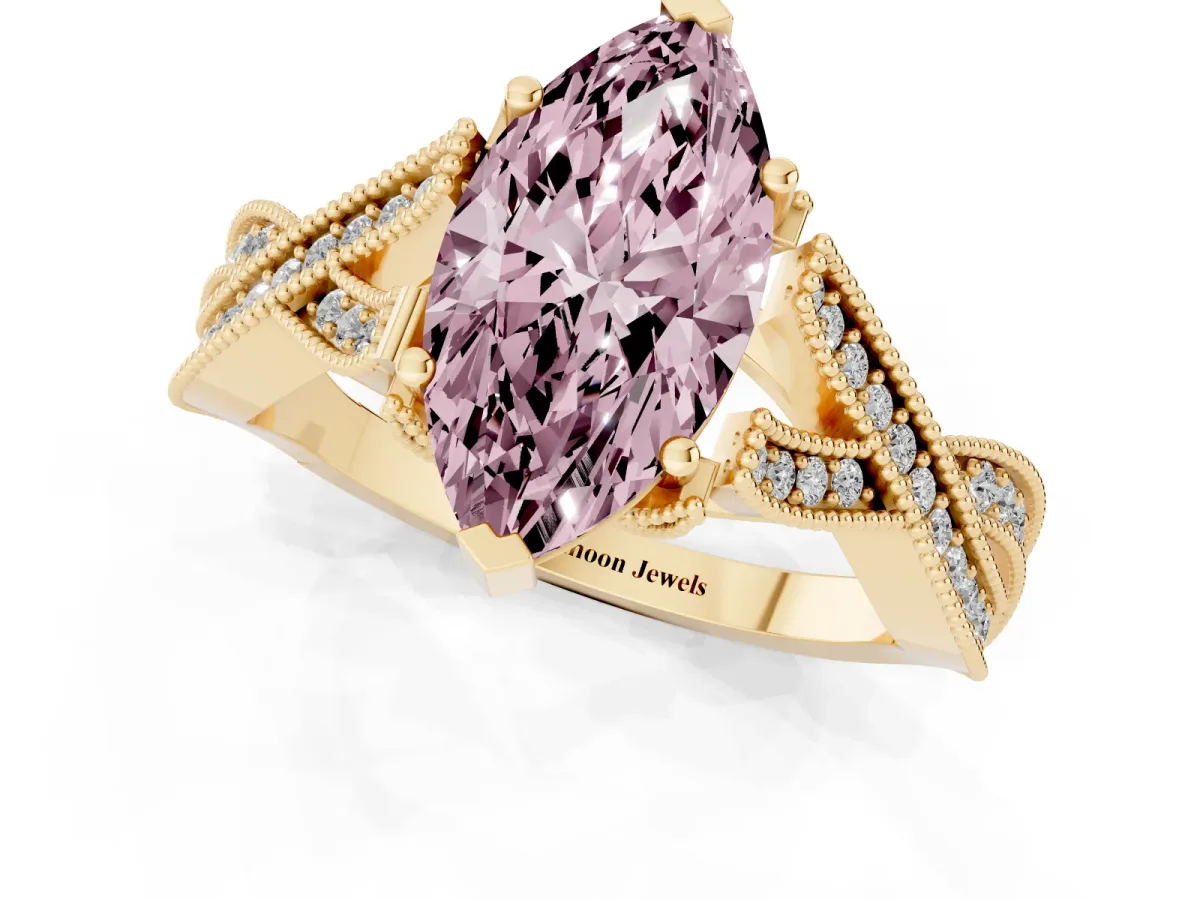 Fancy Pink Marquise Cut Cut Diamond Twisted Band with Milgrain Pave Setting and Four-Prong Setting Yellow gold