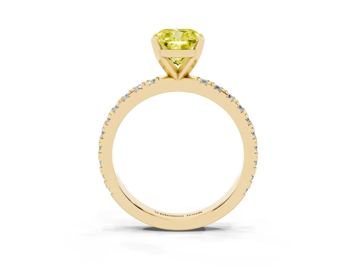 Fancy Yellow Cushion Cut Diamond Pavé Band Solitaire with Four-Prong Setting Yellow gold