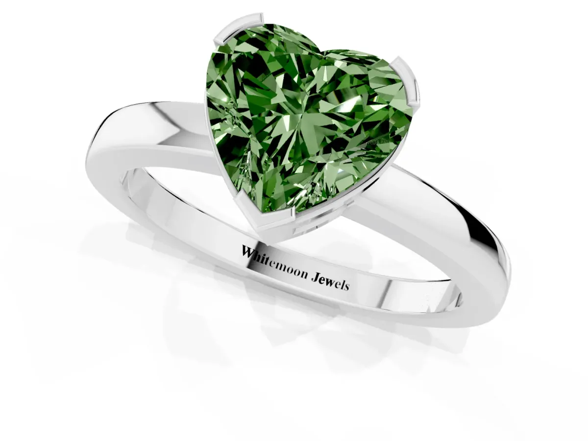 Fancy Green Heart Cut Cut Solitaire Ring with Four-Prong Setting and Classic Band Silver