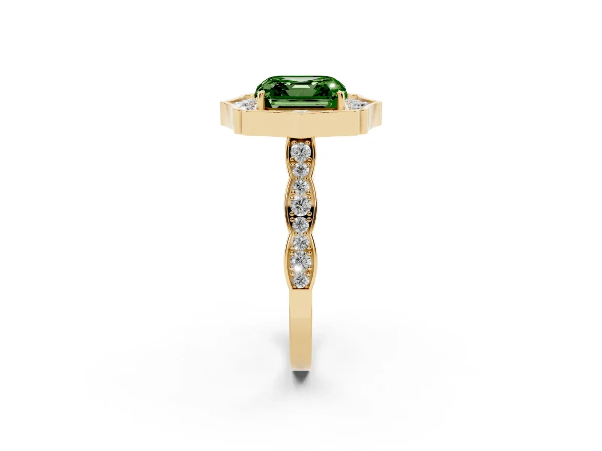 Fancy Green Asscher Cut Halo Diamond Engagement Ring with Milgrain Band and Four-Prong Setting Yellow gold