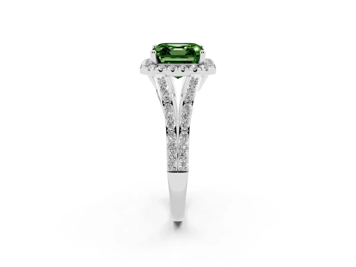Fancy Green Asscher Cut Halo Split Shank Diamond Ring with Prong Setting Silver