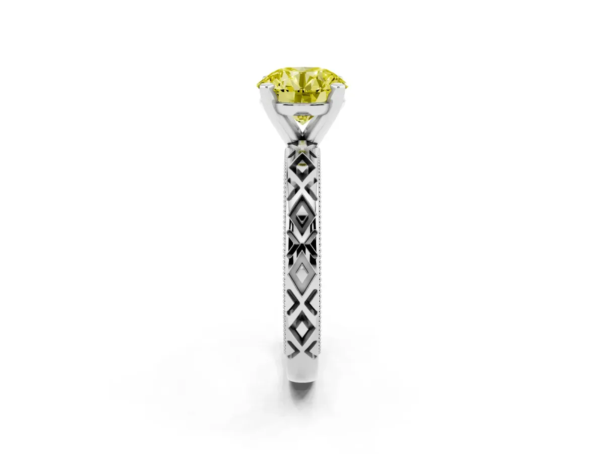 Fancy Yellow Round Cut Solitaire Diamond Ring with Milgrain and Black Enamel X Pattern Band Silver