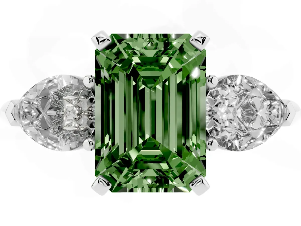 Fancy Green Three-Stone Emerald Cut Diamond Ring with Pear Side Stones and Four-Prong Setting Silver