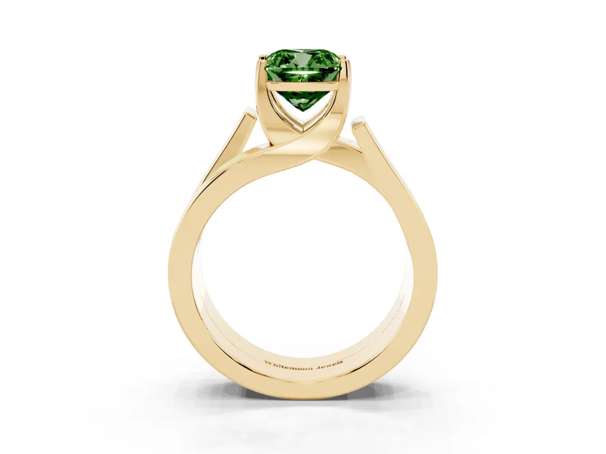 Fancy Green Modern Tension Set Cushion Cut Diamond Solitaire Wide Band Ring Yellow gold