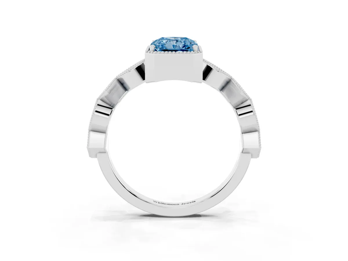 Fancy Blue Radiant Cut Milgrain Marquise Diamond Twist Band Ring Silver