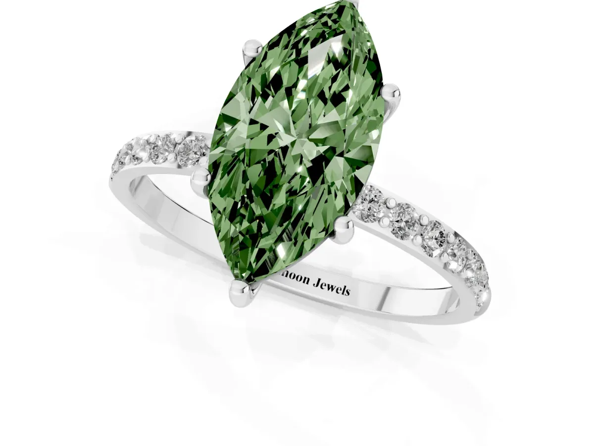 Fancy Green Marquise Cut Diamond Solitaire Ring with Round Pavé Shoulders and Prong Setting Silver