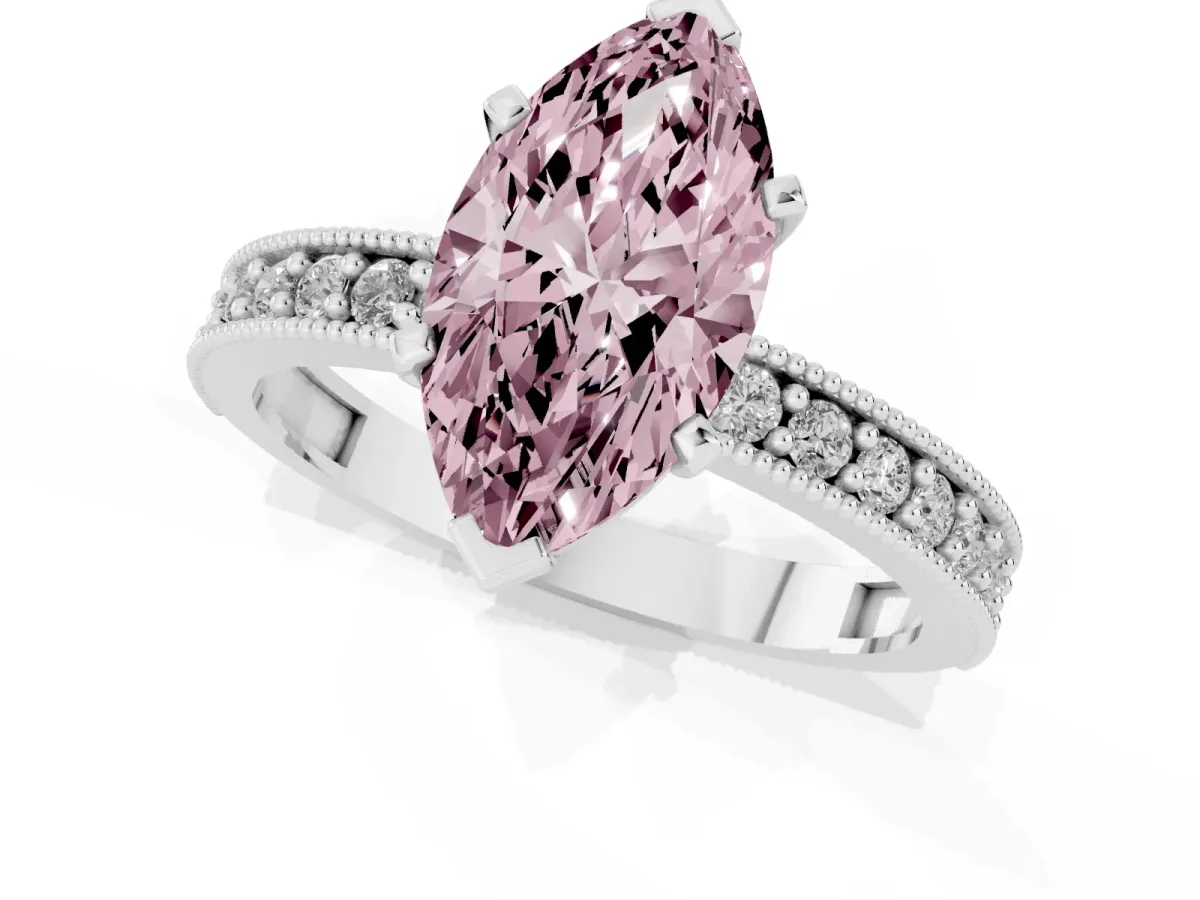 Fancy Pink Marquise Cut Diamond Milgrain Pavé Engagement Ring with Four-Prong Setting Silver