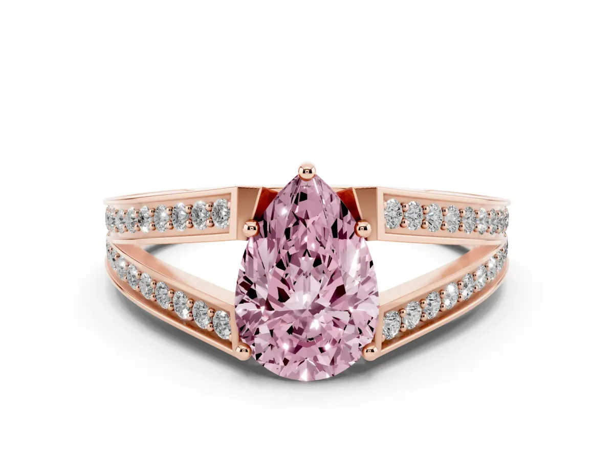 Fancy Pink Pear Cut Diamond Split Shank Ring with Pavé Band and Four-Prong Setting Rose gold