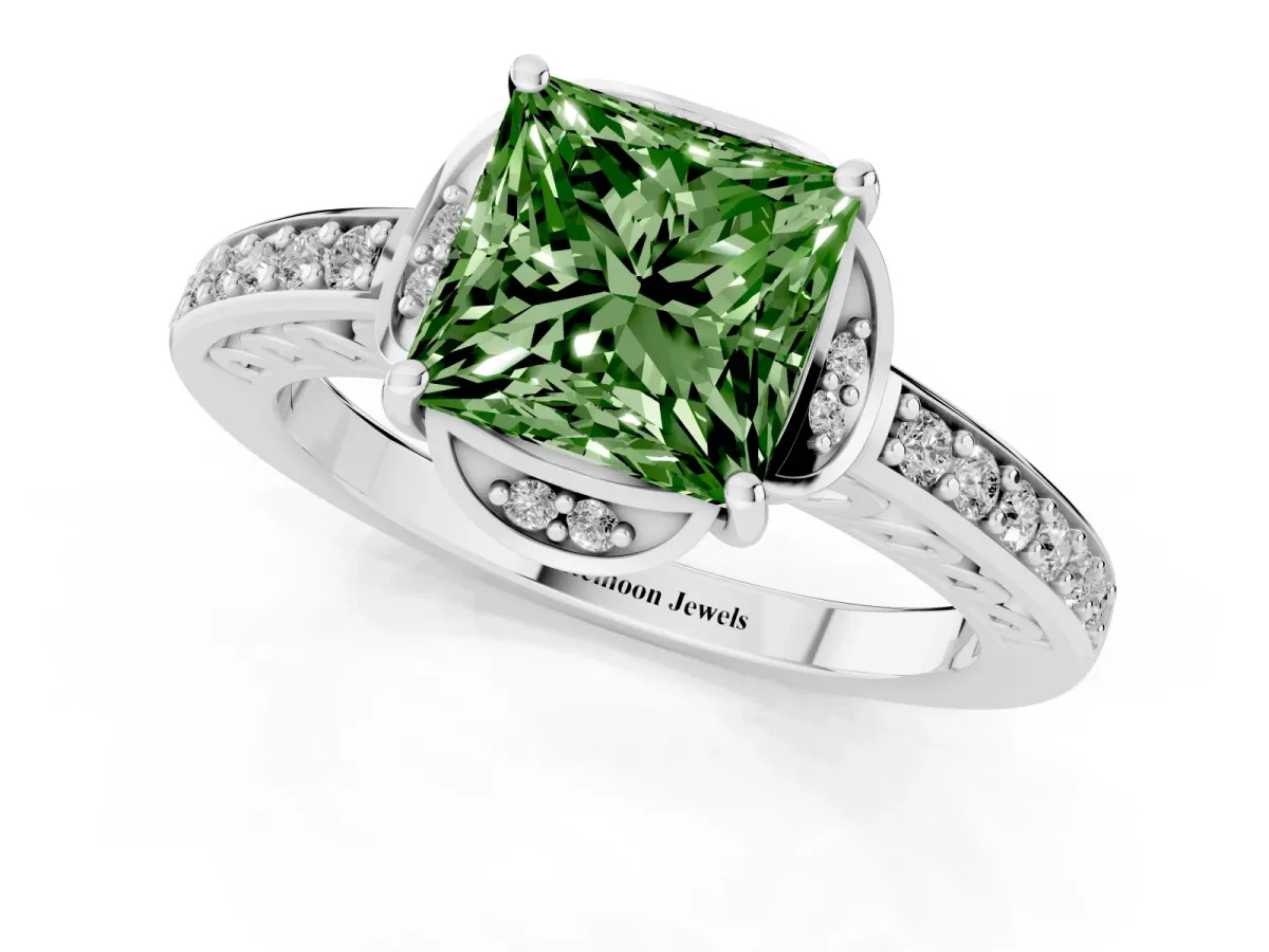 Fancy Green Princess Cut Cut Halo Diamond Ring with Channel Set Band and Four-Prong Setting White gold
