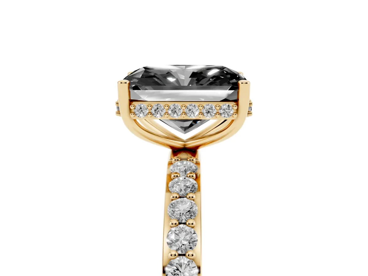 Fancy Black Radiant Cut Diamond Solitaire Ring with Pavé Band and Hidden Halo Yellow gold