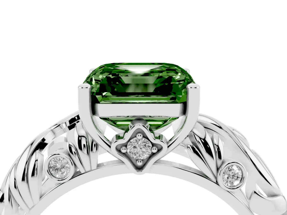 Fancy Green Asscher Cut Solitaire Diamond Leaf-Inspired Vine Band Ring with Prong Setting Silver