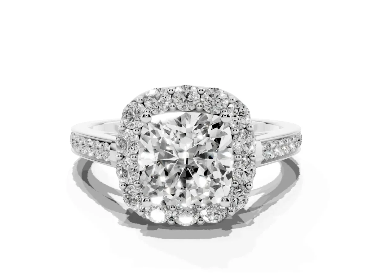 Cushion Cut Diamond Floral Halo Ring with Pavé Band and Prong Setting Platinum