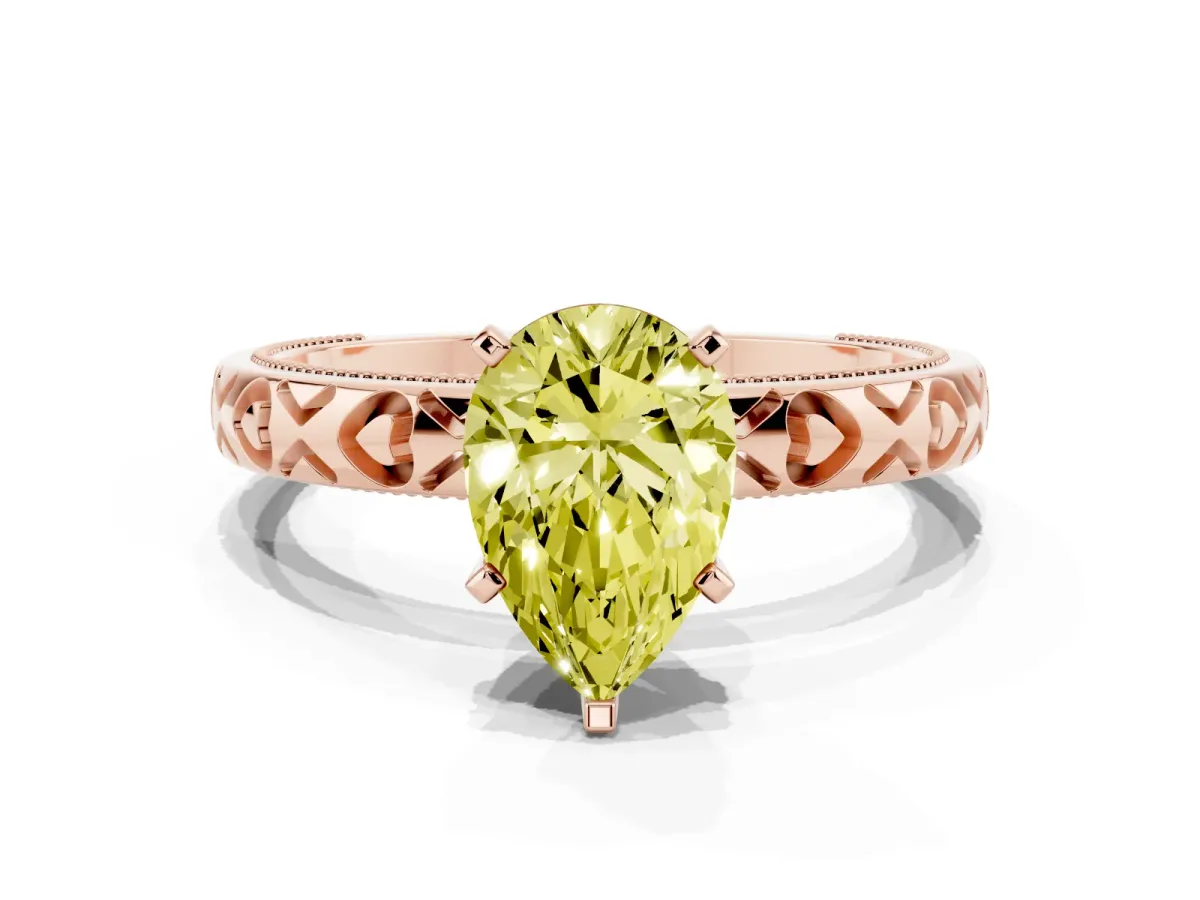 Fancy Yellow Pear Cut Solitaire Diamond Engagement Ring with XO Engraved Band and Four-Prong Setting Rose gold