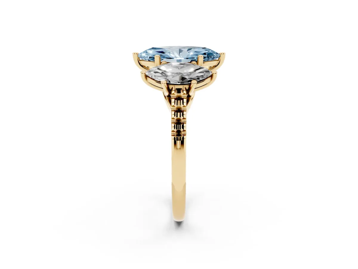 Fancy Blue Three-Stone Marquise Cut Diamond Ring with Round Pavé Band and Prong Setting Yellow gold