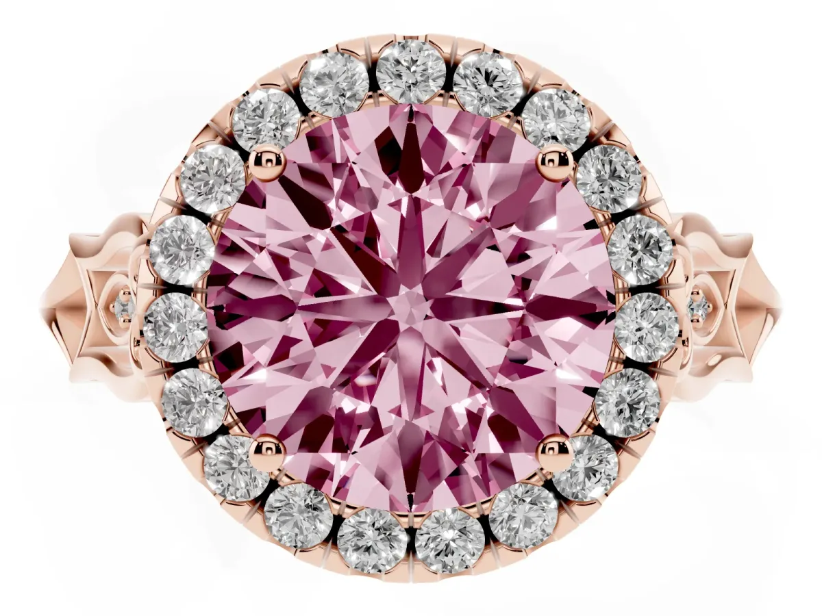 Fancy Pink Round Cut Halo Diamond Engagement Ring with Filigree Band and Four-Prong Setting Rose gold