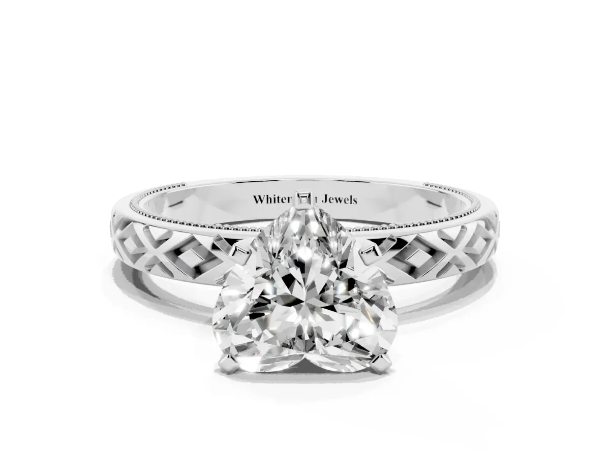 Heart Cut Solitaire Diamond Ring with Milgrain and Black Enamel X Pattern Band Silver