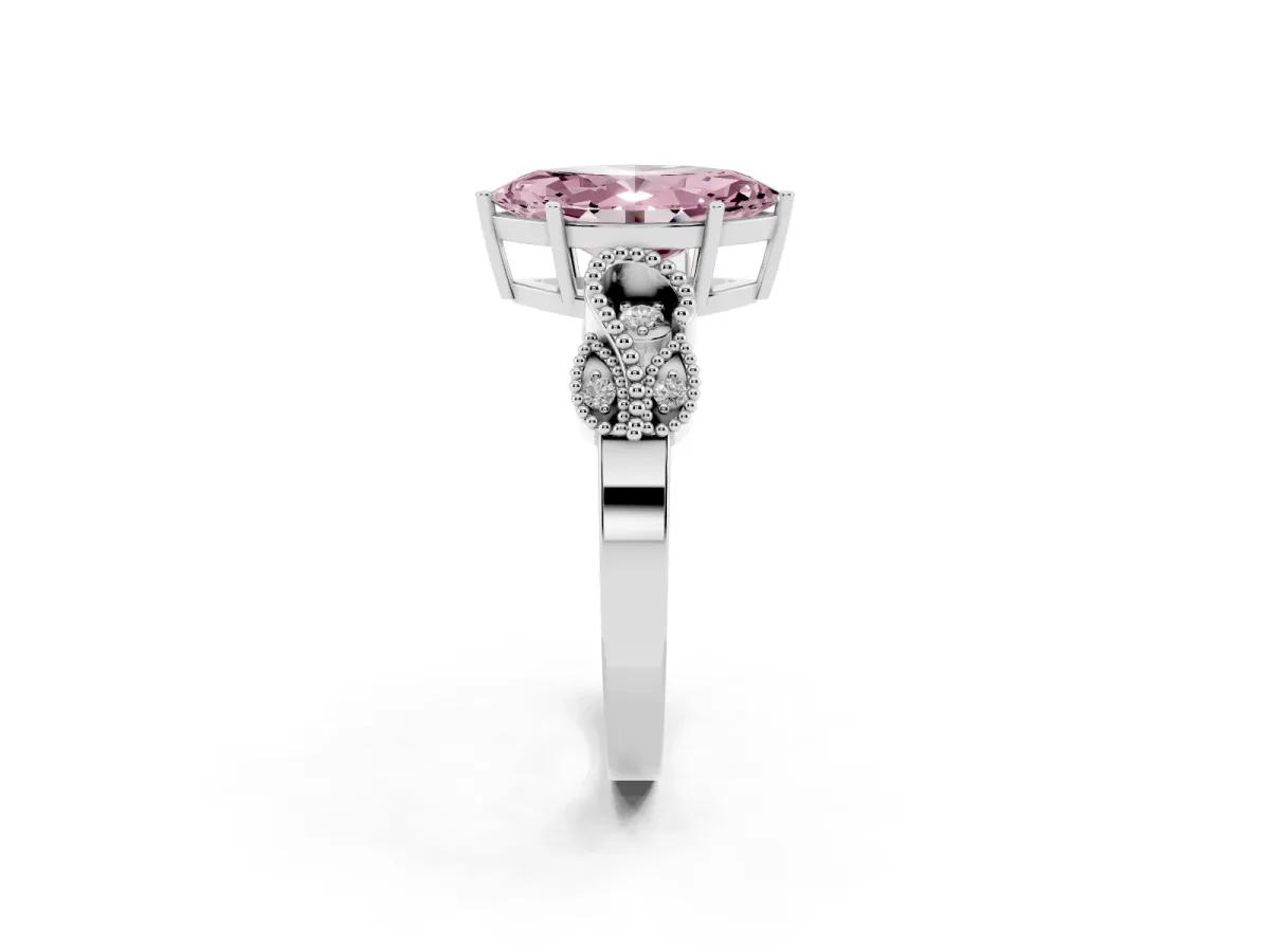Fancy Pink Marquise Cut Solitaire Milgrain Leaf Band with Prong Setting Silver