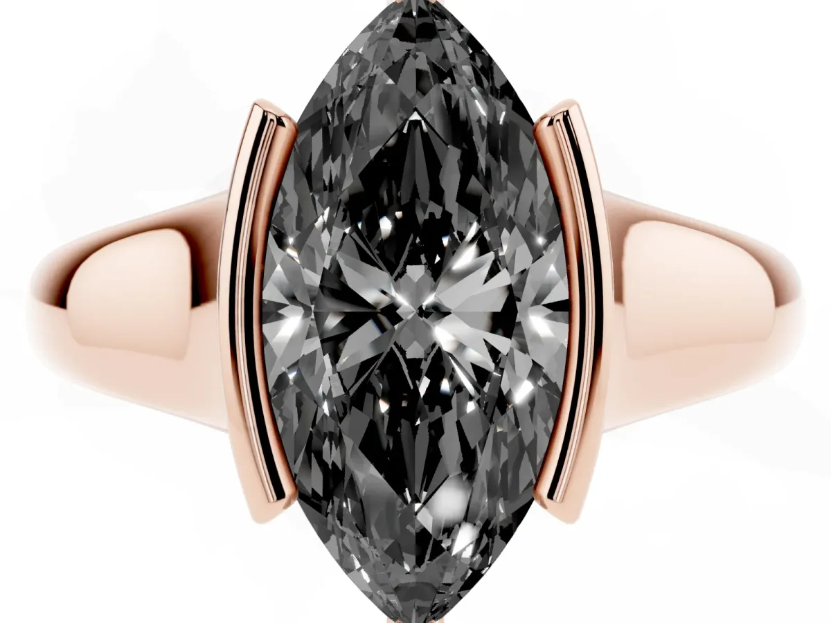 Fancy Black Marquise Cut Solitaire Tension Set Diamond Ring with Split Shank Band Rose gold