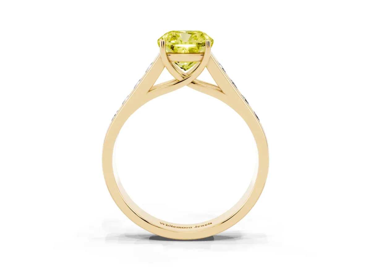 Fancy Yellow Cushion Cut Solitaire Channel-Set Diamond Engagement Ring with Four-Prong Setting Yellow gold